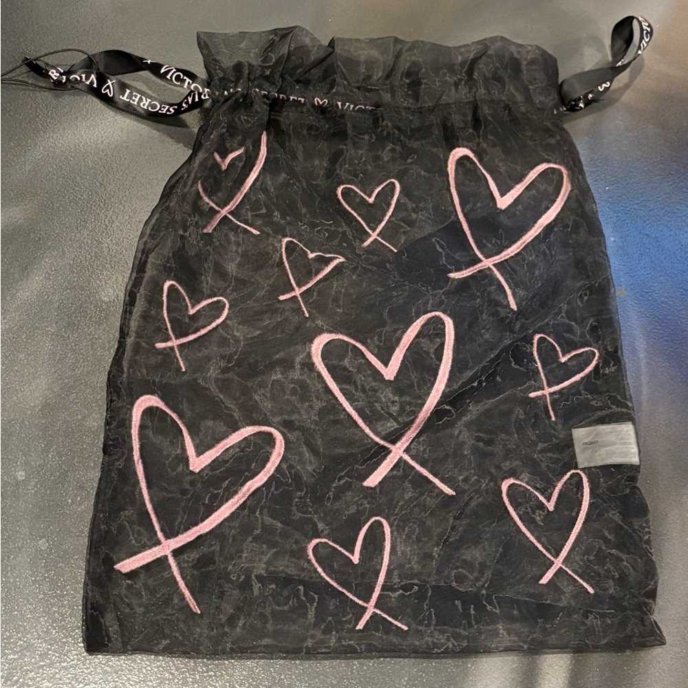 Victoria's Secret Lingerie Drawstring Laundry Bag Logo Pink Hearts 14.5” X 11”